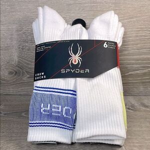 NEW Spyder Men’s Size 6-12 White Crew Socks w/ Logo- 6 Pairs 97%Poly/Spandex